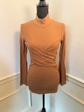 Sabina Musayev Viscose-Nylon Knit Cross Front Wrap Blouse Top Neutral Minimalist